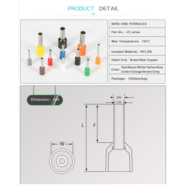 Ferrules конца провода шнура VE0508 0.5mm изолированные ² терминальные ботинки шнуруют медный провод Ferrule гофрируют