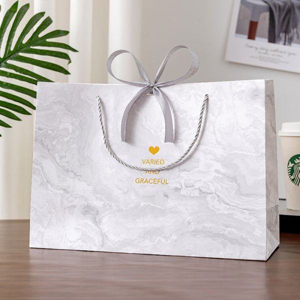 Marble Gift Bags Premium Ribbon Handled Packaging Instagram Aesthetic Luxury Tote Holiday Clothing Presentation Bags