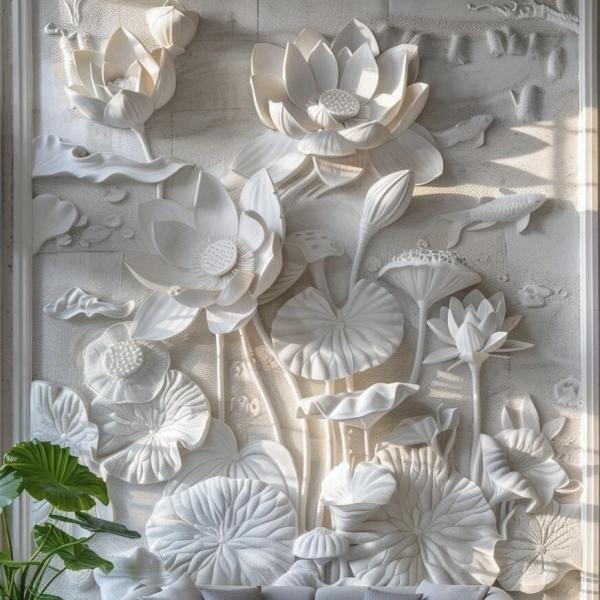 Exquisite Lotus Relief Mural Hand Carved from Natural Marble Stone for Modern Wall Decor