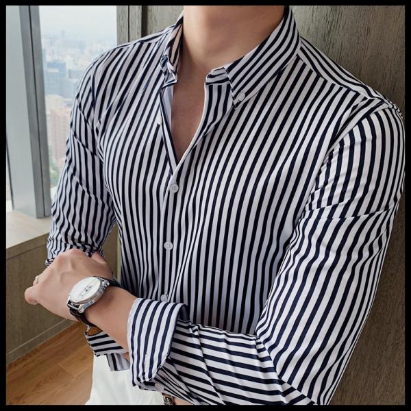 Stand Collar Polyester Cotton Slim Formal Long Sleeve Shirts With Stripes For Men