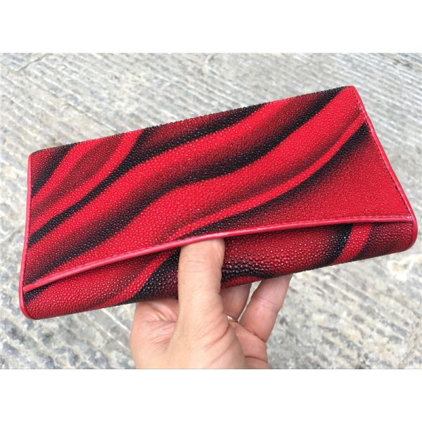 Authentic Stingray Skin Female Long Trifold Wallet Coin Case Genuine Leather Women Large Red Clutch Purse Lady Money Bag