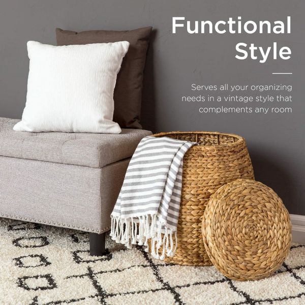 Products Vintage Multipurpose Hyacinth Storage Basket, Plant DéCor, Handwoven Organizer Tote For Bedroom, Living Room, Bathroom, W/Lid - Natural