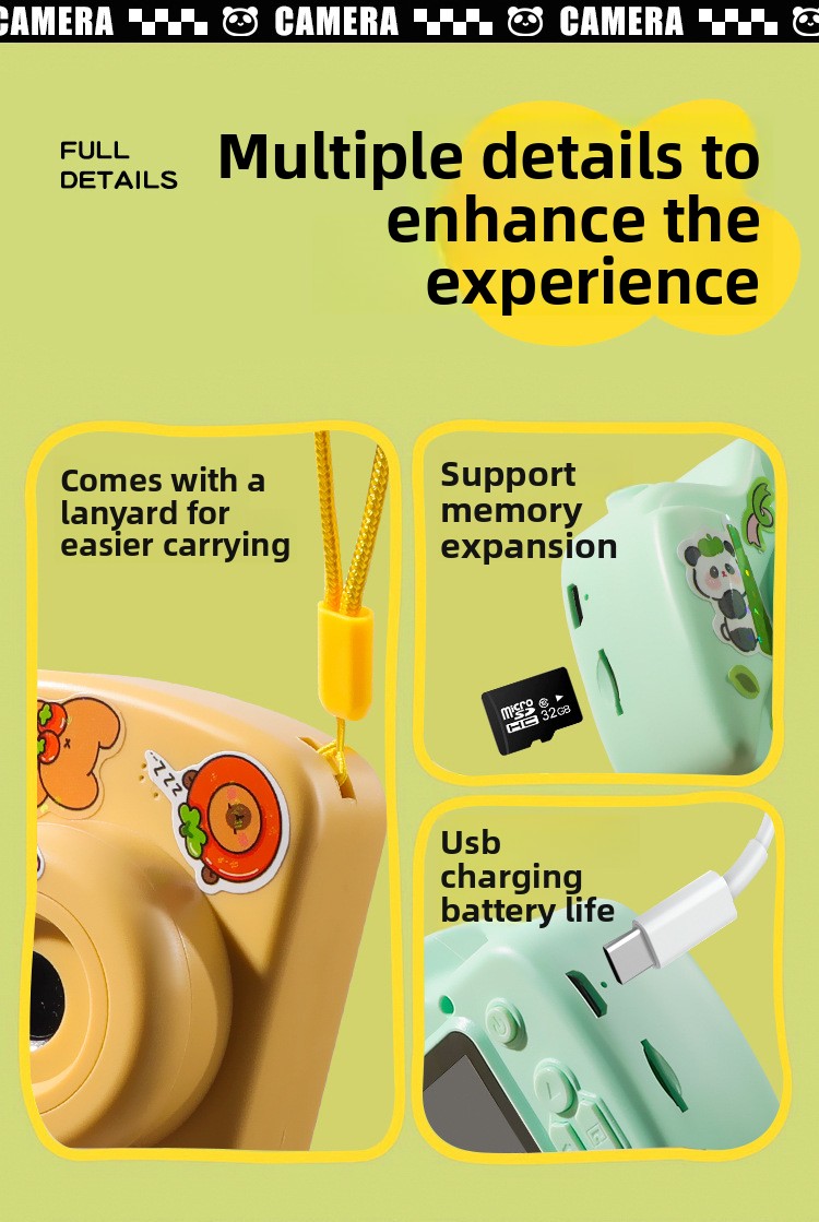 K22 Panda Instant Camera Toy for Children 48MP CMOS Sensor MicroSD Storage One-Click Printing Plastic Body Gift for Boys