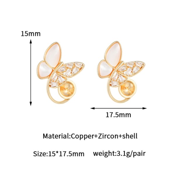 Brass 14k Gold Plated Zircon Studs Butterfly Enamel Flower Earring for Women's Fashion Earrings Accessories