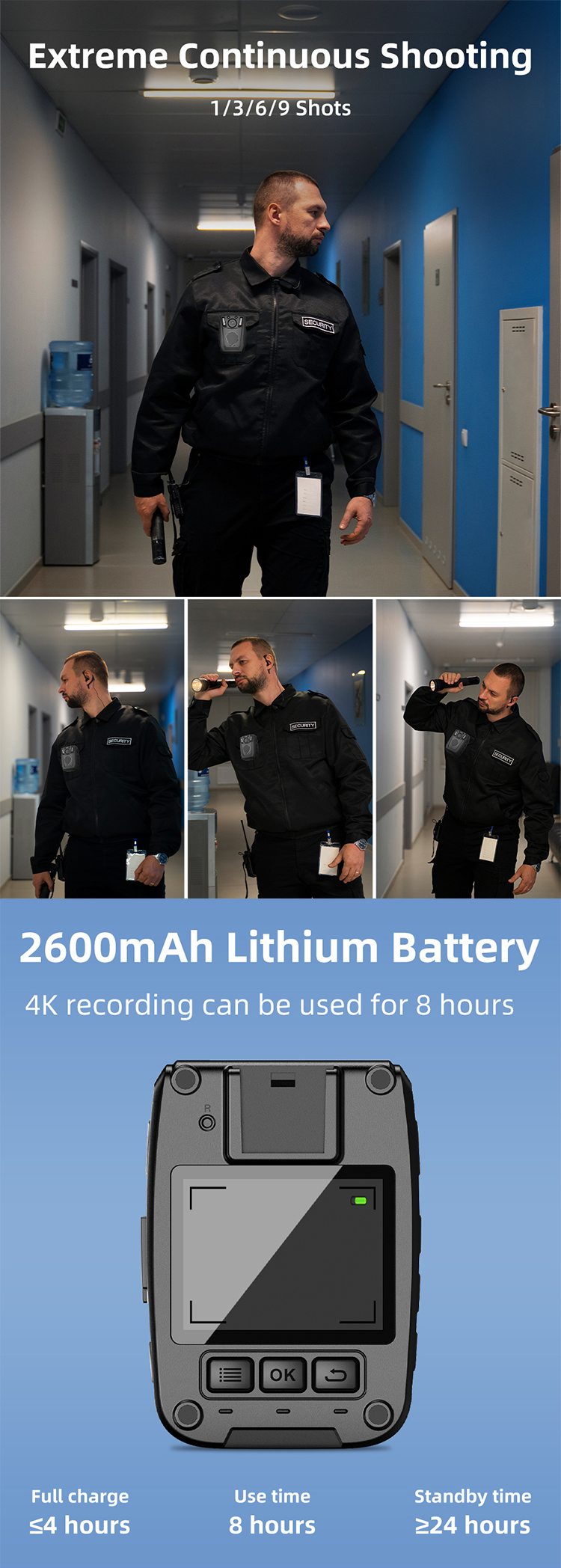 Portable 4K 50MP QHD Body Worn Camera Recorder 2.0 TFT Screen Infrared Night Vision Camera for Security Guard