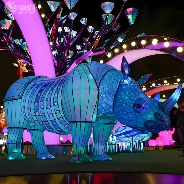 Linternas chinas de animales de seda hechas a mano con forma de rinoceronte impermeables