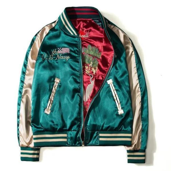 Embroidered Reversible Bomber Jacket Satin Baseball College For Men