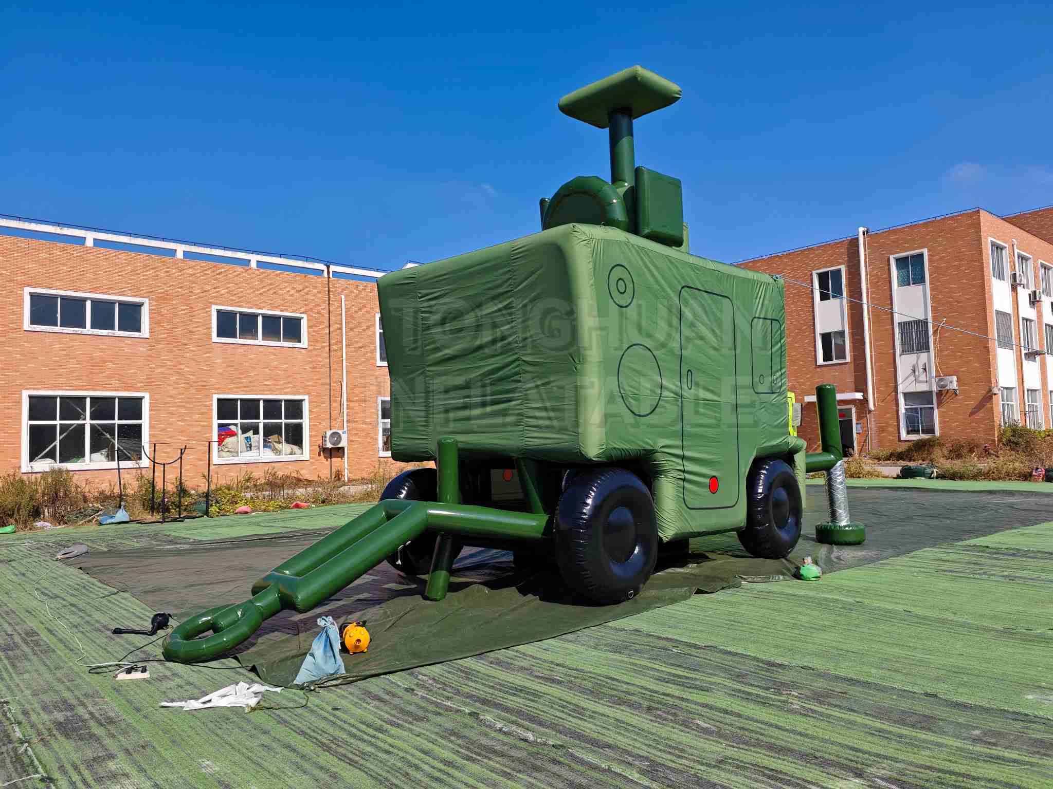 Custom Inflatable Radar Trailer Replica with Raised Antenna Mast Box Body Wheels and Tow Bar for Training Display Exhibition and Outdoor Simulation Projects