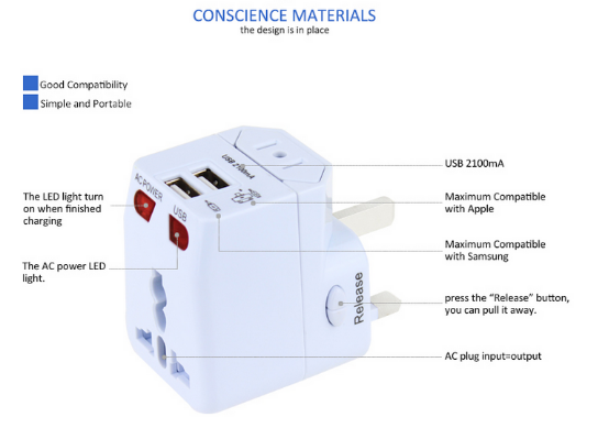 White Travel Power Supply Adaptor Plug CE RoHs Certification 75 X 52 X 40 mm