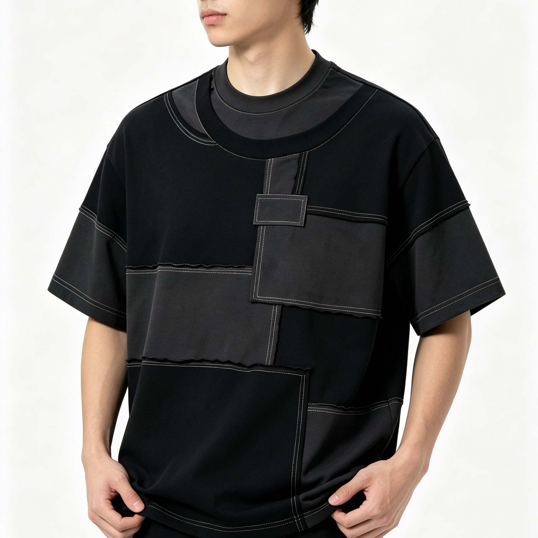 250GSM - 300GSM Basic Crew Neck Tee Patchwork Raw Edge T Shirt Drop Shoulder