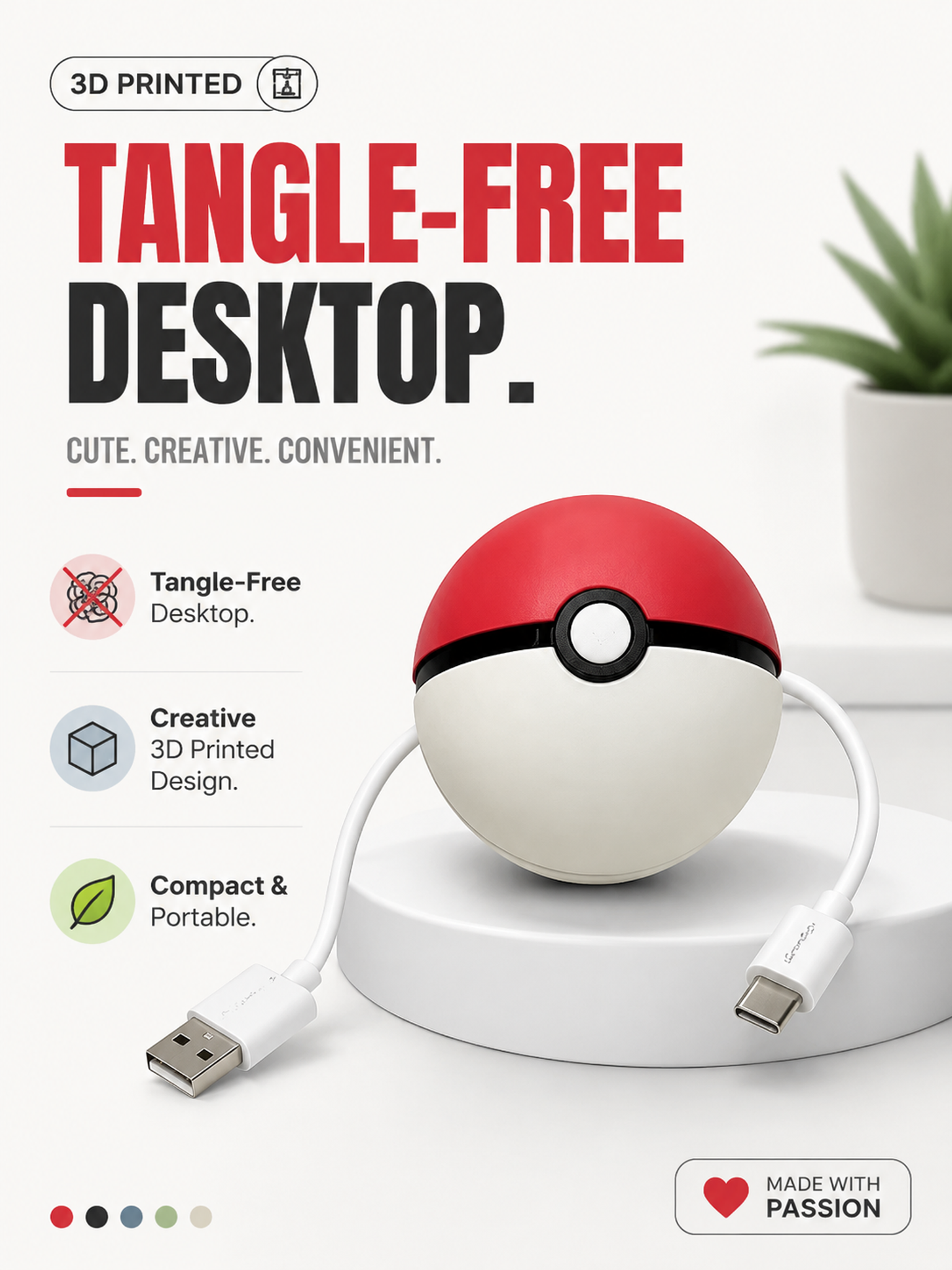 Split Sphere 3D Printed Custom Data Cord Organizer Travelling 3D Printed Office Supplies