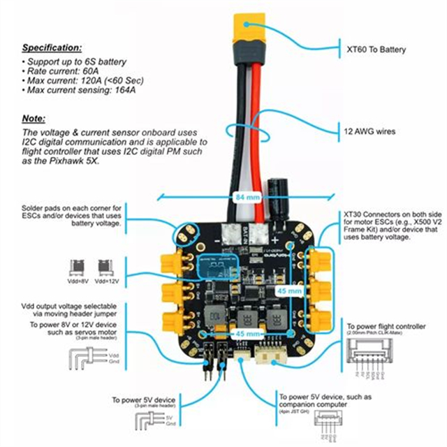 Holybro PM03D Power Module Compatible To Flight Controller Uses I2C Monitor W/ XT-30 60 Connectors For Pixhawk 5X DIY