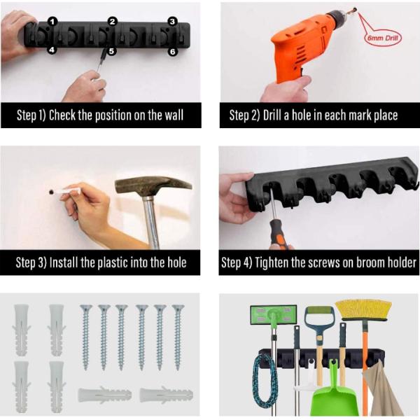Держатель 447g веника держателя стены 5 крюков держателя инструмента 6 положения очищая