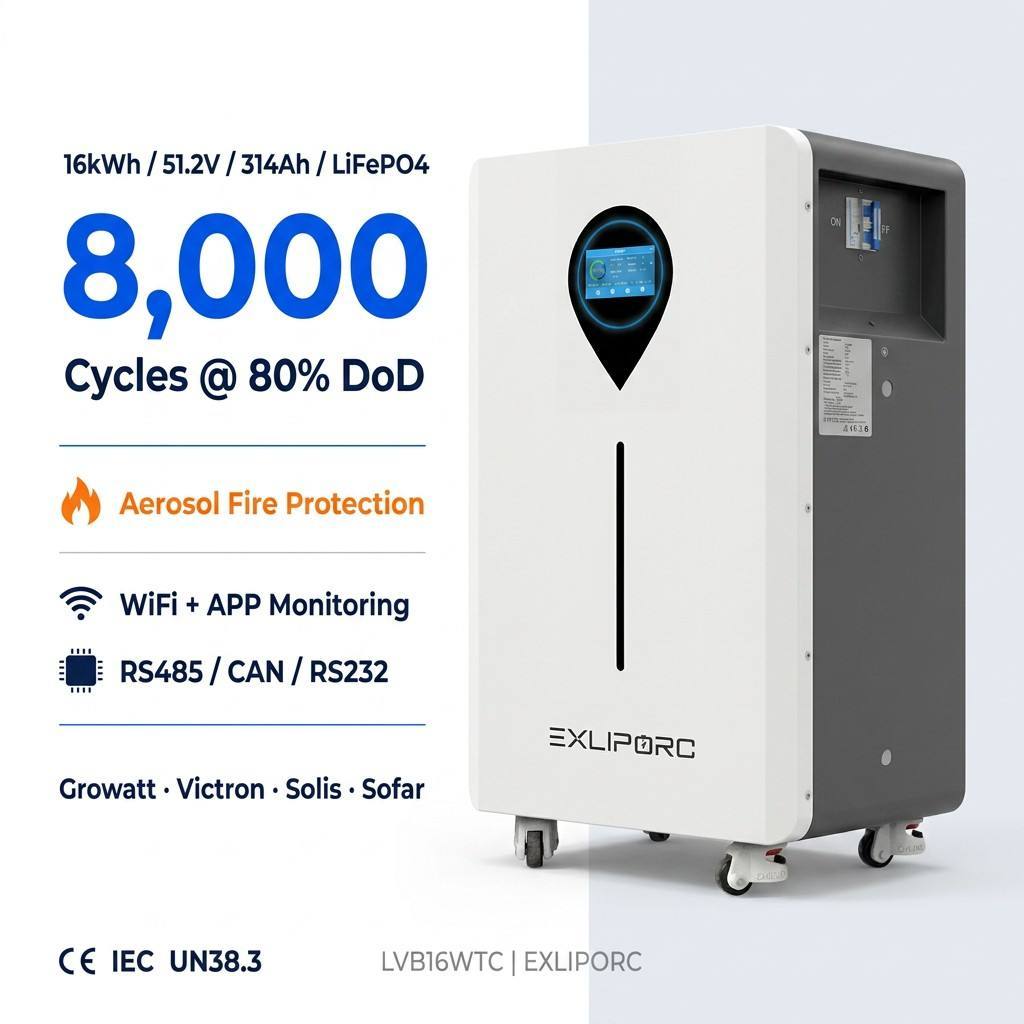 EXLIPORC LVB16WTC 16kWh LiFePO4 Home Energy Storage System with EV Blade Cells for 8000 Cycles and WiFi APP Monitoring