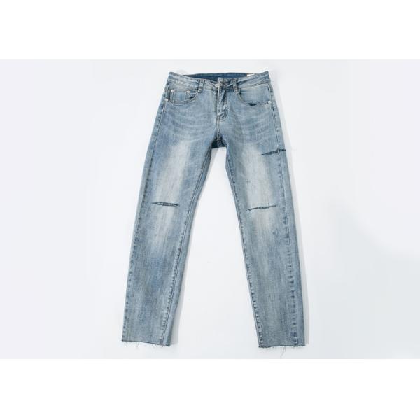 28-36 Lignt Blue Jeans Men'S Denim Pants With Rips Slim Fit Cotton Fabric