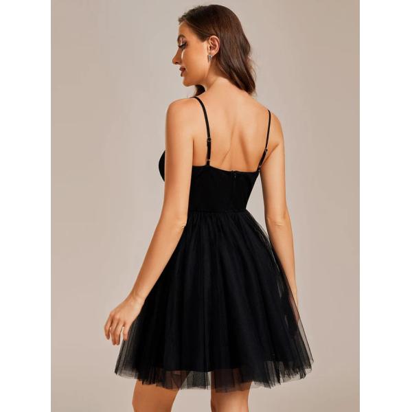 Fashionable Sexy Spaghetti Strap A-line Short Mini Black Tulle Cocktail Dress