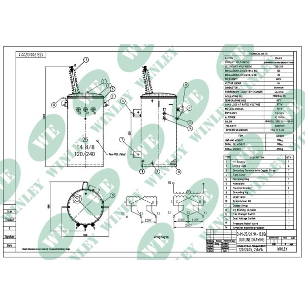 25kva Pole Mounted Transformer oil immersed power transformer 13.85KV CSA C2.2-06 Standard