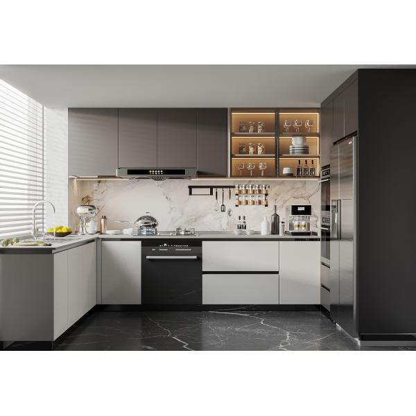Modern Style Straight Line Kitchen Cabinets With Island In White Particle Board