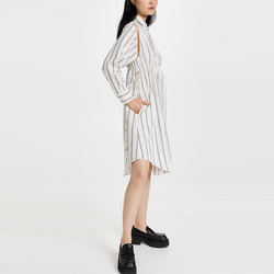                  Ladies Collared Neck Dresses Long Sleeve Side Pocket Cotton Striped Print Shirt Dress for Women             