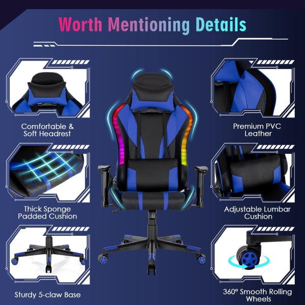 Synthetic Leather RGB Gaming Chair with RGB LED Lights 27D x 27W x 53H Adjustable