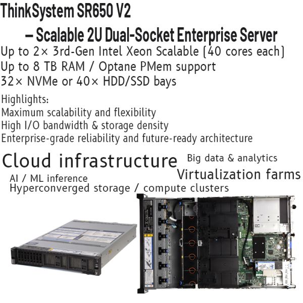 ThinkSystem SR650 V2 2U Rack Server with 3rd Gen Intel Xeon Scalable Processors, 32x DDR4 Memory Slots, and Up to 40x 2.5-inch Drives