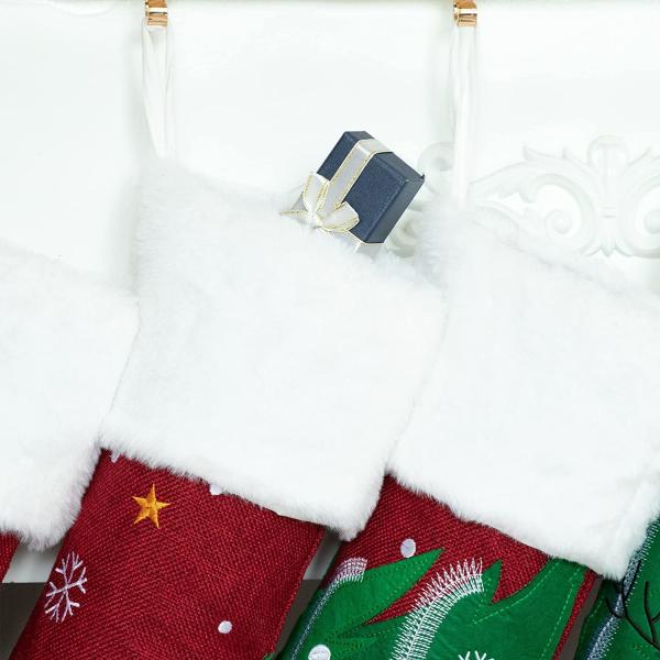 Set of 4 Family Christmas Stockings Carry The Tree Together Embroidery Red Burlap Soft Faux Fur 20 Inches for Decoration