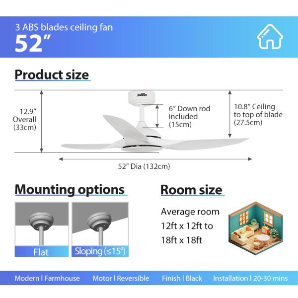 Ventilador de teto de controle remoto inteligente de 52 polegadas lâminas de plástico branco para casa moderna inteligente