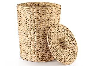 Wicker Waste Basket - Water Hyacinth Bathroom Garbage Can With A Lid - Bathroom Trash Can Boho Style - Wicker Trash Can With Lid For Household, Kitchen - Removable Liner, Iron Frame
