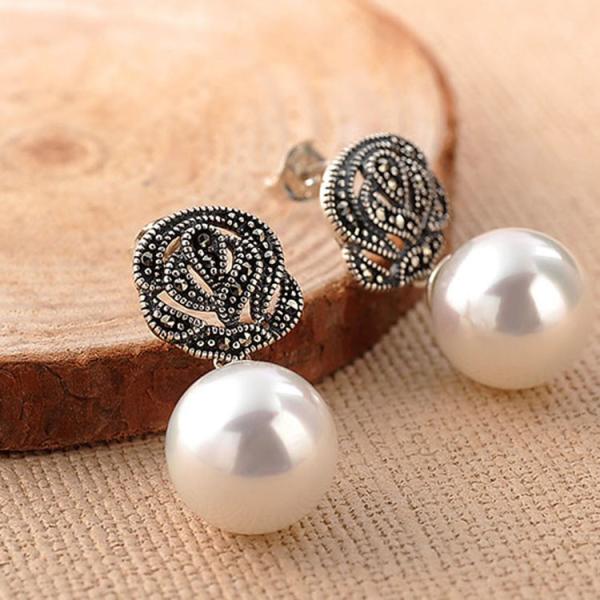 925 Silver Round 12mm White Simulated Shell Pearl Earrings Thai Style Jewellery (E12143)