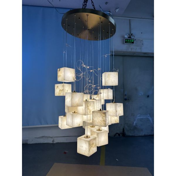 Customized Modern Luxury Square LED Brass Chandelier with Large Alabaster Pendant Adjustable Height for Living Room