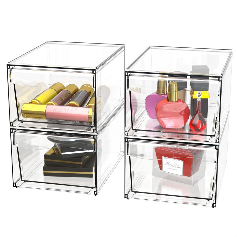 Multi-Tier Clear Makeup Organizer Detachable Stackable Desktop Storage Box Dustproof Cosmetic Display Case with Drawers for Home