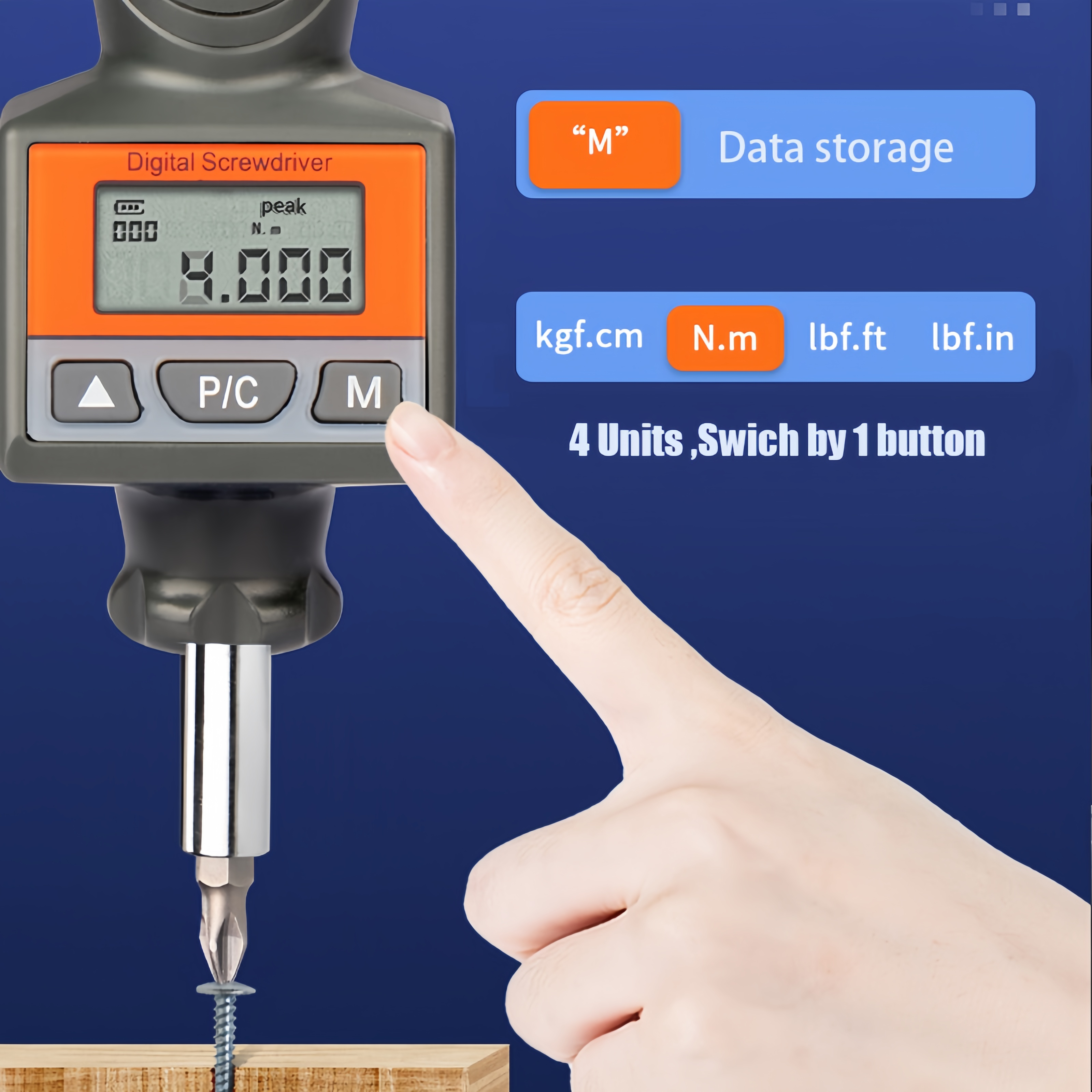 Jauge de couple numérique et tournevis avec plage de 0,0015-0,5 N.m, précision de ±2 % de l'échelle complète et dimension hexagonale de 1/4 pouce