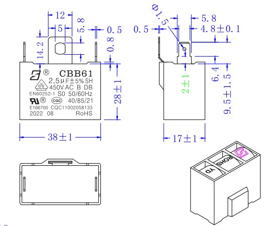 2.5mfd кондиционер CBB61 Вентилятор конденсатор 450V B-класс 10000 часов