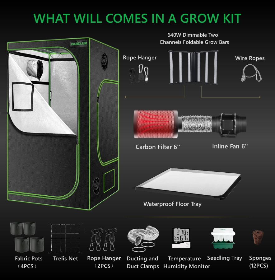 120x120x200 Grow Tent Complete Kit с 640W Grow Bar, 600D, металлическая рама, водонепроницаемый пол включен