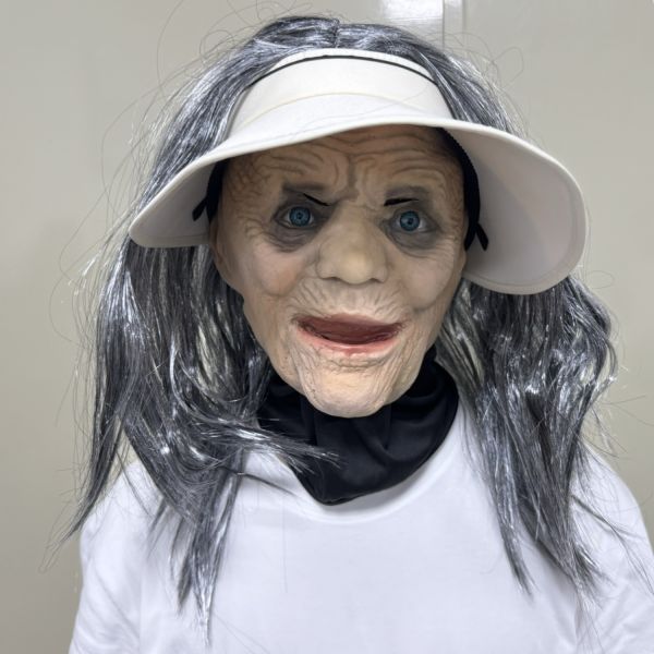 Old Lady Human Face Mask with Wig and Visor, Realistic Latex Elder Woman Mask for Halloween Cosplay Costume, Props