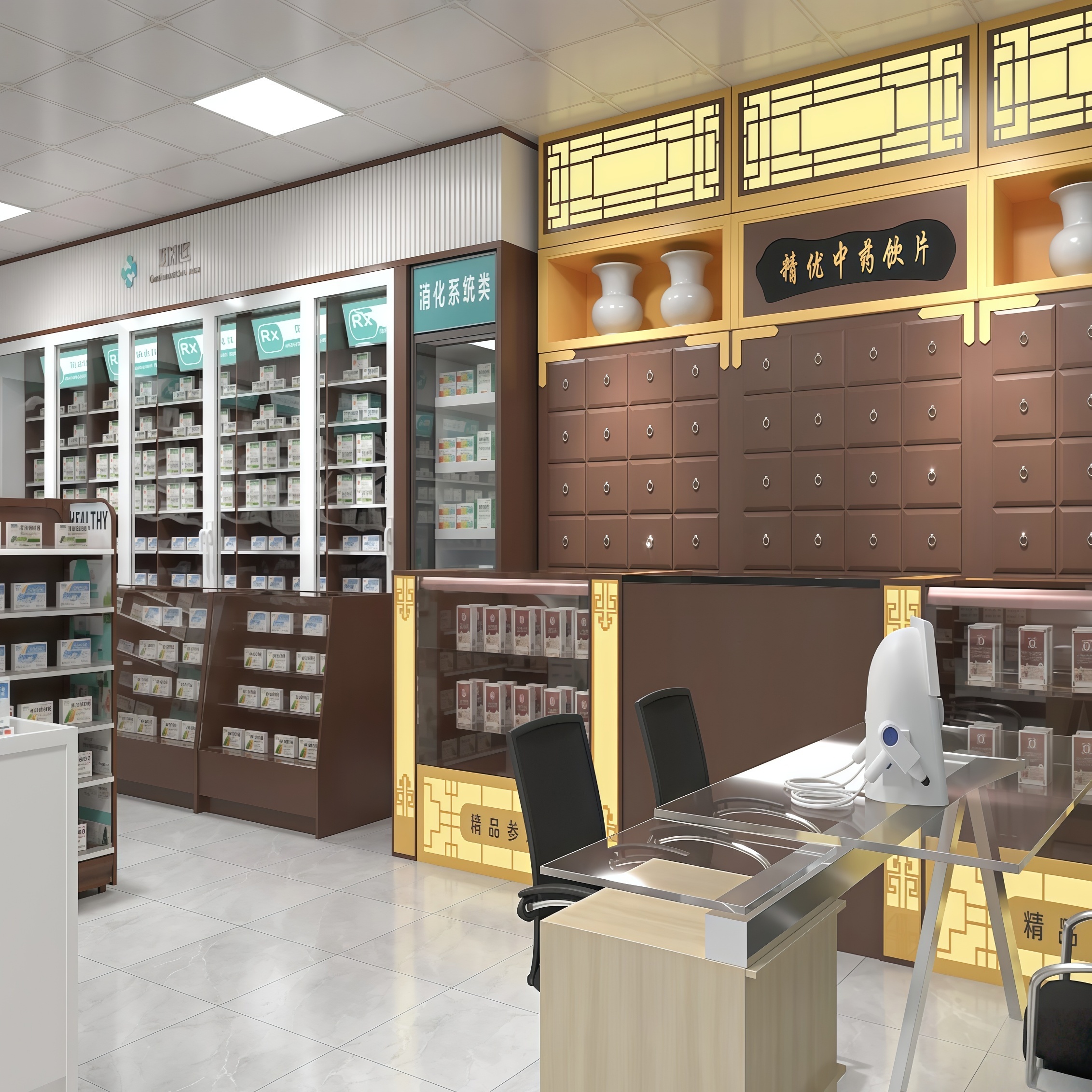 Retail Drugstore Display Shelving and Pharmacy Counter Cabinets for Medical Store Furniture Solutions