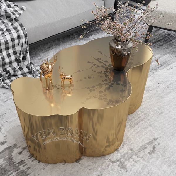 YunZonn Luxury Modern Stainless Steel Coffee Table High Quality Silvery Mirror Finish Unique Shape Home Hotel Living Room Bar