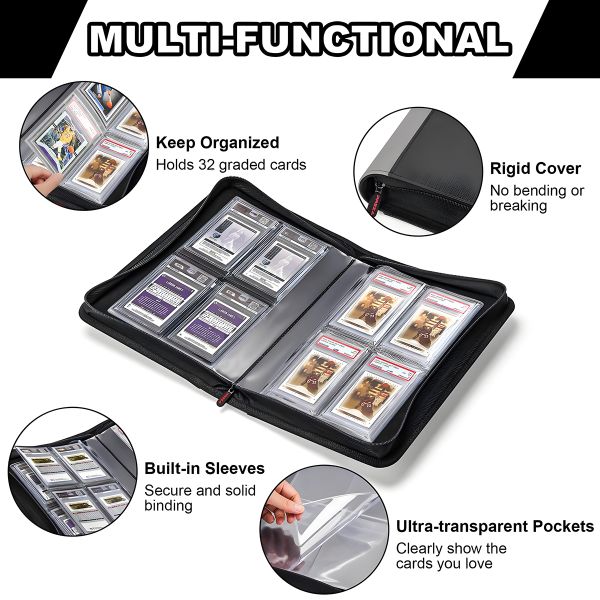 Graded Card Slab Binder 4-Pocket 32 Slots PU Leather Card Holder Storage  for PSA Graded Slab Binder