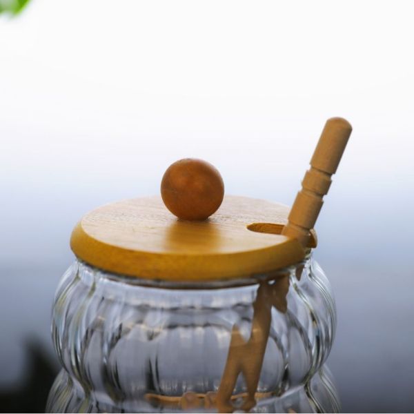 OEM Striped High Borosilicate Glass Storage Jars Kitchen Honey Pot Jar With Stirrer Lid