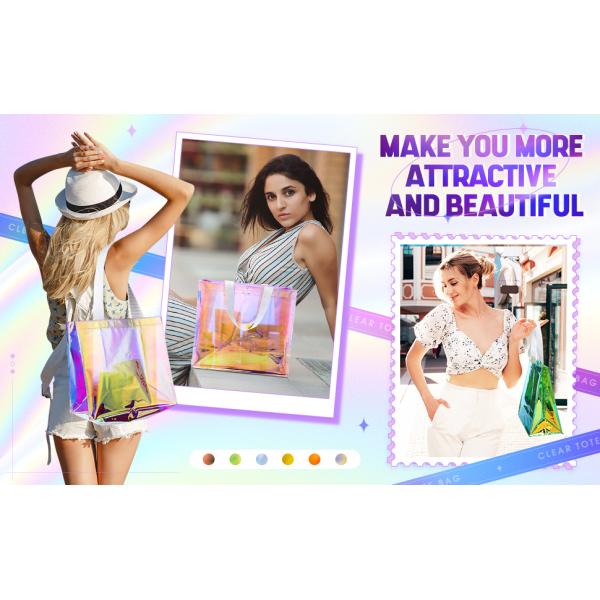 Custom Plastic Tote Bag With Handles Clear Beach Bags Transparent Stadium Bag Holographic Waterproof Versatile Beach Clear Printed Word Tote Bag Work Handbag Shoulder PVC Tote Shopping Bag