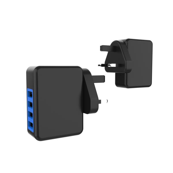 Black 4 Ports 5V4.8A USB Wall Charger UK Plug