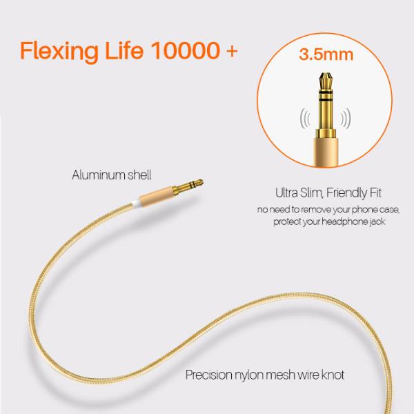 24K Gold Plating Stereo Aux Cable Nylon Weave 3.5 Mm Auxiliary Audio Cable