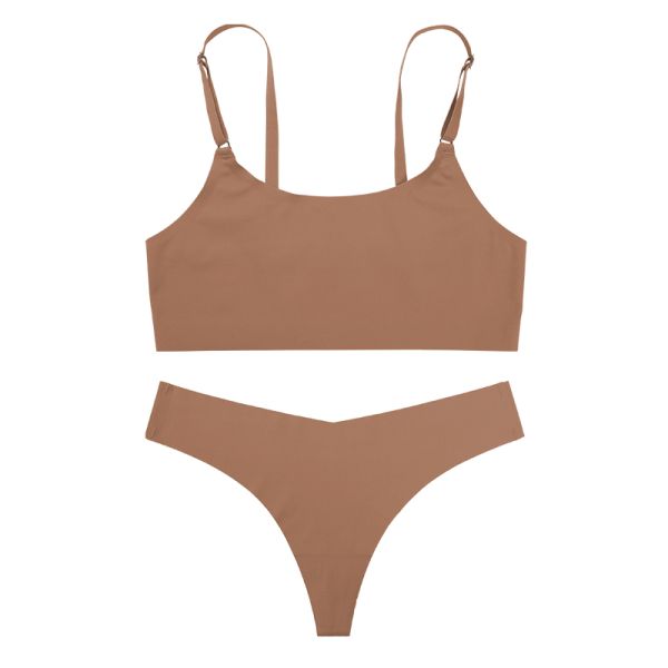High Quality Women Seamless Bra Thong Set Wire Free Bra Solid Color Underwear Set for Ladies