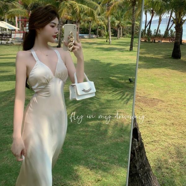 Suspender Womens Vacation Dresses Backless Tie Back Low Cut V Neck