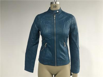 Mandarin Collar Teal Pleather Biker Jacket For Womens Tw76349