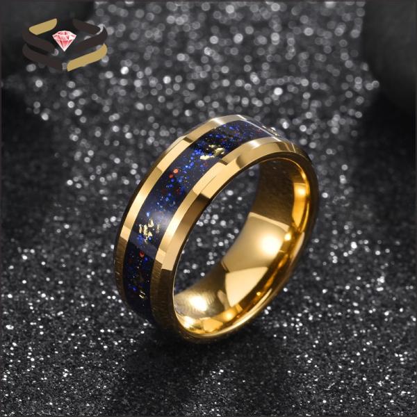 Men'S Tungsten Wedding Band Ring Gold Foil Inlayed With 8mm Galaxy Sandstone Opal