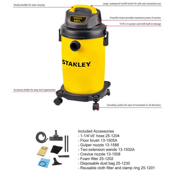 17L Stanley Wet Dry Vacuum Cleaner 4.5 Gallon 4 Swivel Casters Multi Direction
