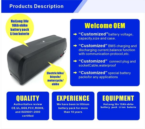 Bateria de alta performance para E Bike para Hailong Case 250w/350w/500w Motor preto