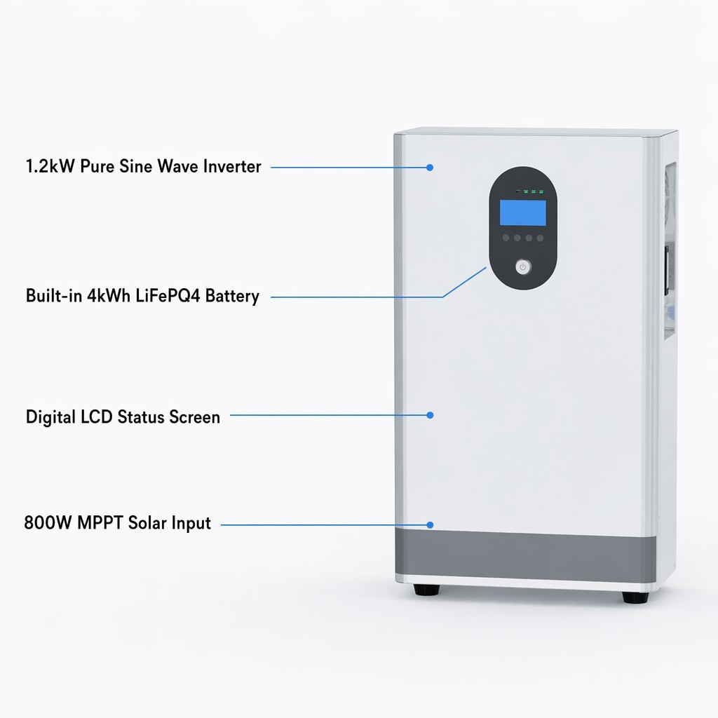 1.2kW 4kWh All-in-One Solar Energy Storage System LiFePO4 Battery Pure Sine Wave Off-Grid Home Solar Kit Tianon