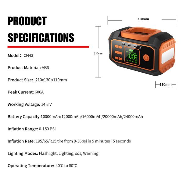 Vehicle Battery Jump Starter Power Bank With Air Compressor 10000mAh 12000mAh 16000mAh Emergency Battery Pack